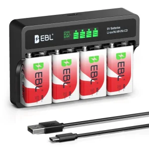 EBL 4 Packs 9V Ni-Mh/Li-Ion Batteries with M7015 Battery Charger